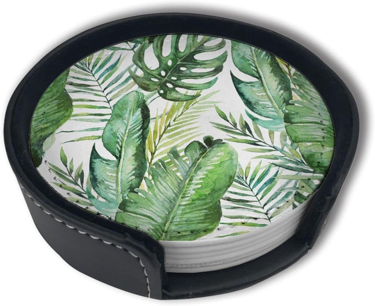 Set of 6 Green Tropical Palm and Fern Leaves Leather Drinks Coasters with Holder